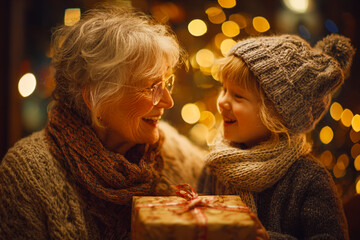 Child Giving a Handmade Christmas Gift to Grandmother