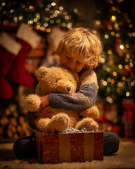 Boy Hugging a Teddy Bear from Christmas Gift