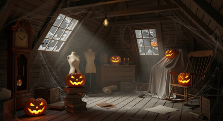 Spooky Halloween Attic with Glowing Jack-o-Lanterns and Ghostly Figures.