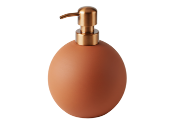 Terracotta soap dispenser isolated on white, round ceramic bottle with copper pump for bathroom or kitchen, hygiene product