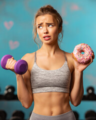 Woman Balancing Dumbbell and Donut in Humorous Gym Scene