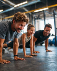 Young Boy Leading Adults in a Playful Push-Up Challenge