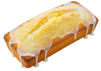 Delicious lemon loaf cake with icing isolated on transparent background, sweet dessert for tea time and bakery concepts