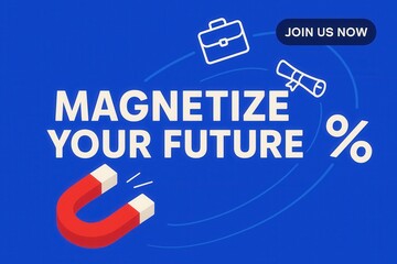 Promo banner with MAGNETIZE YOUR FUTURE call to action and JOIN US NOW invitation, vibrant style, engaging retail discount offer.