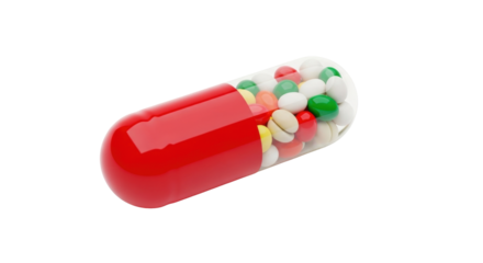 Isolated medical capsule with red end and colorful pill filling for pharmacy and healthcare use