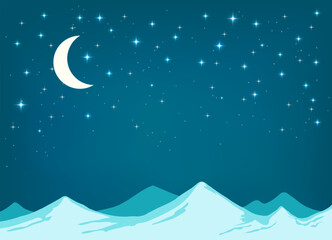 Peaceful winter night landscape with crescent moon and shining stars over snowy mountain peaks. Minimalist vector illustration in cool blue tones, perfect for backgrounds, nature, holiday designs