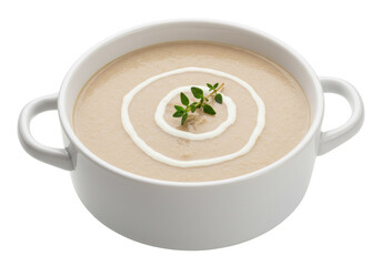 Creamy mushroom soup in a bowl isolated, garnished with cream and thyme, gourmet appetizer for restaurant menu