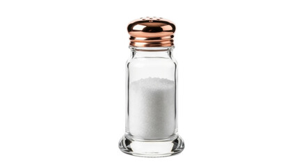 Isolated glass salt shaker with a rose gold lid, kitchen utensil, condiment holder