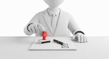 White figure stamping a document with check boxes and a pen on a white table against white background