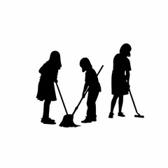 Silhouette of students cleaning classroom after school isolated on white background