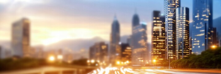 Fototapeta premium Evening cityscape with illuminated skyscrapers business district at dusk urban economy financial hub modern metropolis economic activity global commerce night lights