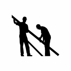 Silhouette of two carpenters working on a roof frame isolated on white background