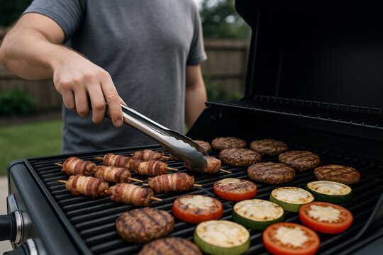 Man grilling bacon-wrapped skewers, burger patties, and sliced vegetables on barbecue grill in backyard setting during summer cookout. Ai generative