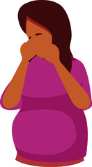 Obraz premium Pregnant woman suffering from nausea, covering her mouth with hands, experiencing morning sickness