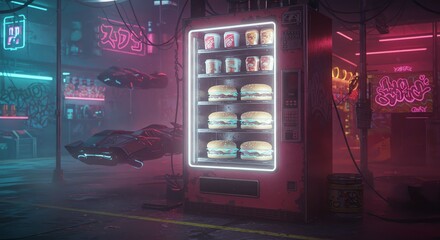Neon-lit Vending Machine Displaying Burgers and Beverages in Futuristic Urban Setting