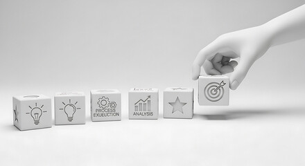 Hand placing target cube among idea process analysis and star cubes on white surface concept