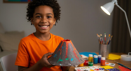 Child holding handmade volcano model, homeschooling kid learning science experiment and creative art project at home