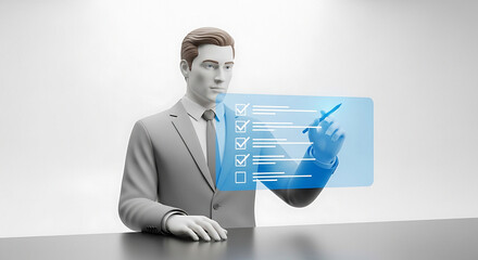 Man in suit completing checklist on transparent screen with pen in a bright studio setting