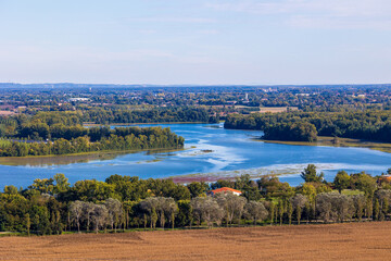 Panoramic View of the Garonne River at Saint-Nicolas-de-la-Grave from the Hills of Boudou