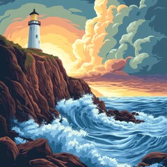 Dramatic seascape featuring a lighthouse on a rocky cliff overlooking crashing waves at sunrise.