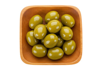 Green olives in wooden bowl isolated, delicious Mediterranean appetizer or snack for healthy eating and vegetarian diet