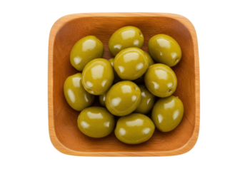 Green olives in wooden bowl isolated, delicious Mediterranean appetizer or snack for healthy eating and vegetarian diet