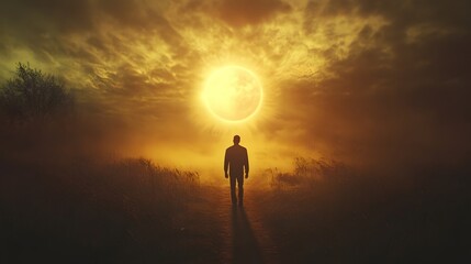 A lone figure walks towards a large glowing orb in the sky, amidst a misty landscape.