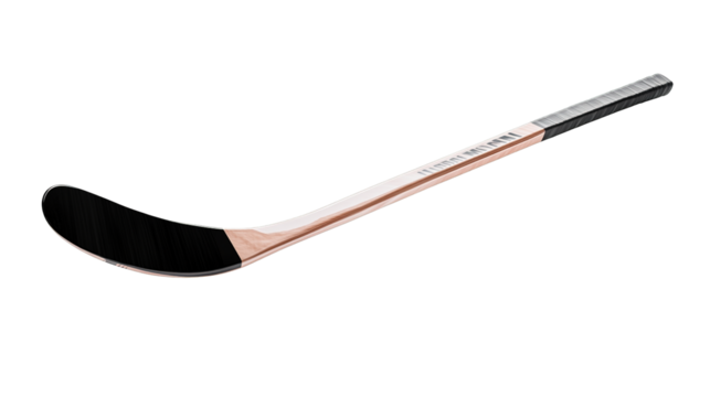 Single ice hockey stick featuring a reddish brown shaft black blade and taped grey black handle Isolated object isolate