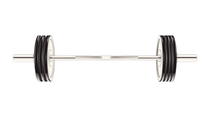A robust silver barbell with multiple black weight plates secured on both ends Isolated gym fitness equipment graphic