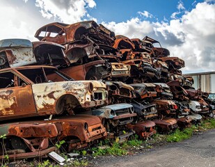 Fototapeta premium Large Stack of Rusted and Abandoned Car Wrecks in an Outdoor Scrap Yard