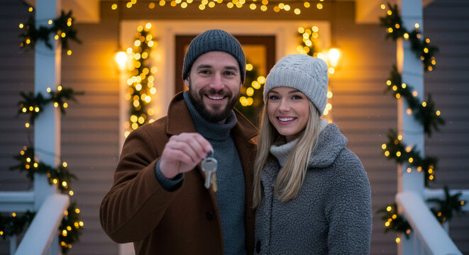 Happy couple holding house keys near snowy porch, winter housewarming and celebration