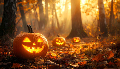 Glowing Jack O Lanterns in a Spooky Autumn Forest at Sunset.