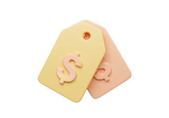Two price tags isolated on transparent background PNG, yellow and peach tags with dollar and question mark symbols