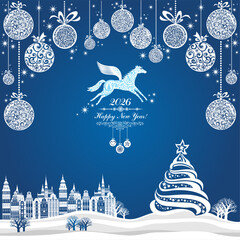 Happy new year 2026! Year of horse. Celebration blue background with Christmas Landscape, tree, town and place for your text. Winter season vacation concept. Christmas holidays Vector Illustration