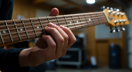 Teen playing guitar in garage with focused finger placement on metallic strings, music practice and learning