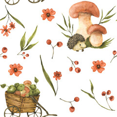 Cute hand-drawn watercolor forest pattern of a hedgehog and a snail with an oak leaf on a stump, a flower, mushrooms, and acorns in a forest nature setting © O.Kovalova
