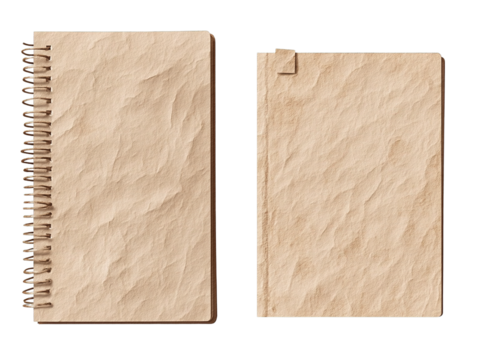 Two blank aged paper sheets One is a spiral notebook The other is a standalone page with a folded top corner Isolate
