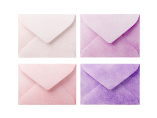 Four small textured paper envelopes arranged in a 2x2 grid Cream pink lilac and purple hues with visible closed flaps transparent background