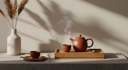 Tea Ceremony Still Life with Teapot, Cup, and Vase