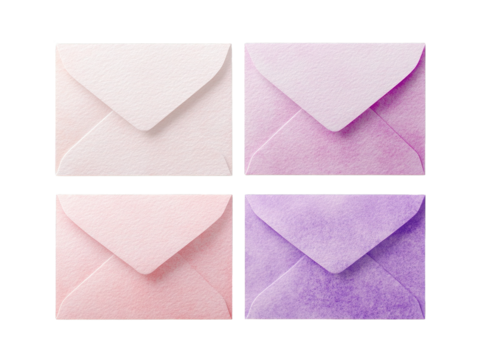 Four small textured paper envelopes arranged in a 2x2 grid Cream pink lilac and purple hues with visible closed flaps transparent background