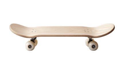 New wooden skateboard with light natural wood deck and white wheels viewed horizontally isolate