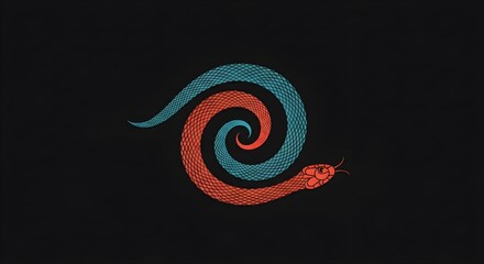 Abstract spiral snake illustration in red and blue, coiled in a hypnotic pattern on black background, symbolizing duality, transformation, indigenous mythology, and spiritual energy in tribal art.
