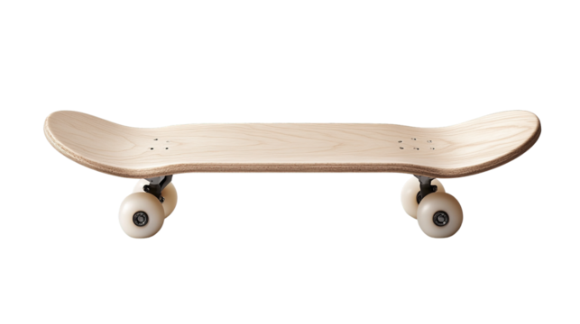 New wooden skateboard with light natural wood deck and white wheels viewed horizontally isolate