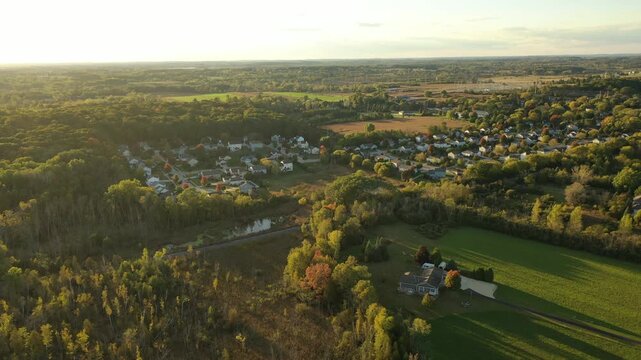 Countryside landscape drone footage. Autumn, sunset, sunny