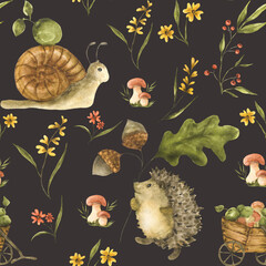 Cute hand-drawn watercolor forest pattern of a hedgehog and a snail with an oak leaf on a stump, a flower, mushrooms, and acorns in a forest nature setting © O.Kovalova