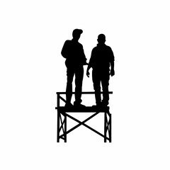 Silhouette of two construction workers welding at height on white background isolated on white background
