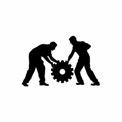 Silhouette of factory workers adjusting heavy machinery gears isolated on white background