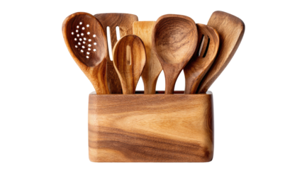 Wooden kitchen utensils in a wooden holder