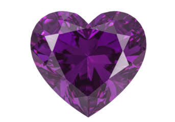 Heart-shaped purple amethyst gemstone isolated, faceted precious stone for jewelry design on transparent background