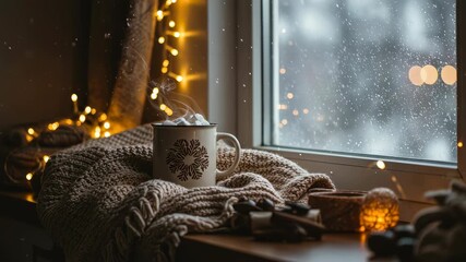 Cozy winter window scene with steamy mug, warm string lights, and falling snow outside for seasonal comfort footage. - Powered by Adobe
